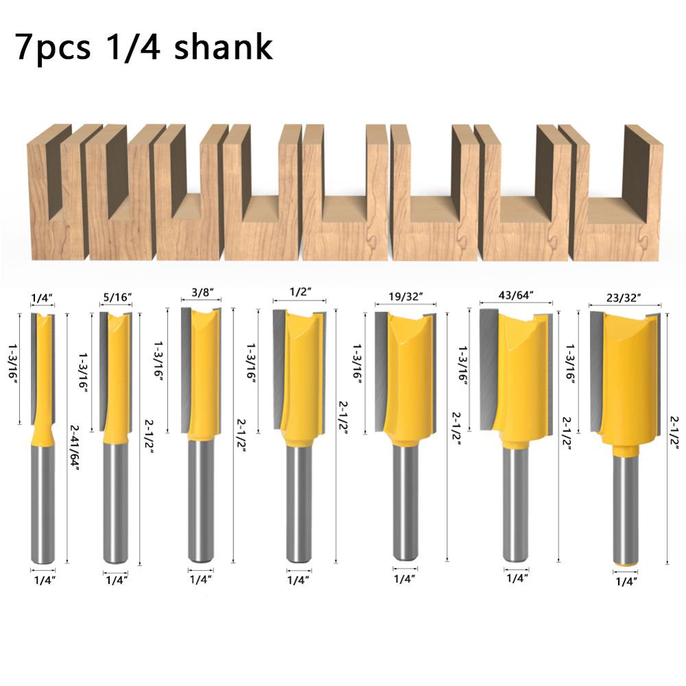 Vástago 1/4, brocas rectas de 2 ranuras para herramientas de carpintería, brocas de enrutador para madera, carburo de tungsteno, fresas para fresadora CNC para madera: 7pcs set