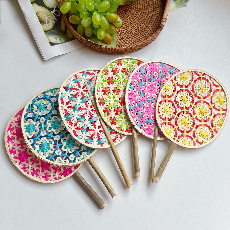 Éventail Tressé en Bambou, Fait à la Main, Tissage Coloré de Prairie, Décoration de Maison, Artisanat d'Été, 1 Pièce