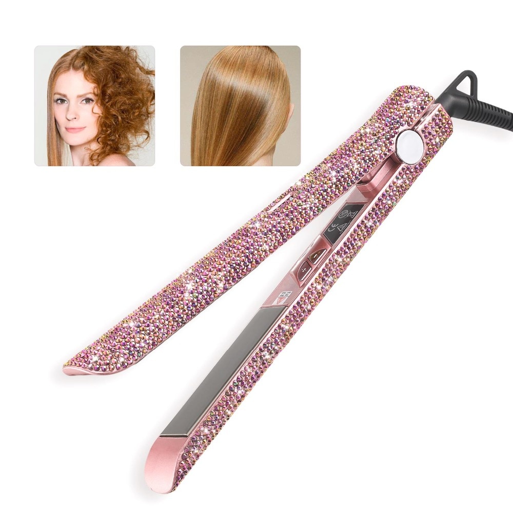 Rose Gold Hand Made Sparkling Crystal Diamond Rhinestone Lcd Digital Display Flat Iron Crystal Gems Titanium Hair Straightener