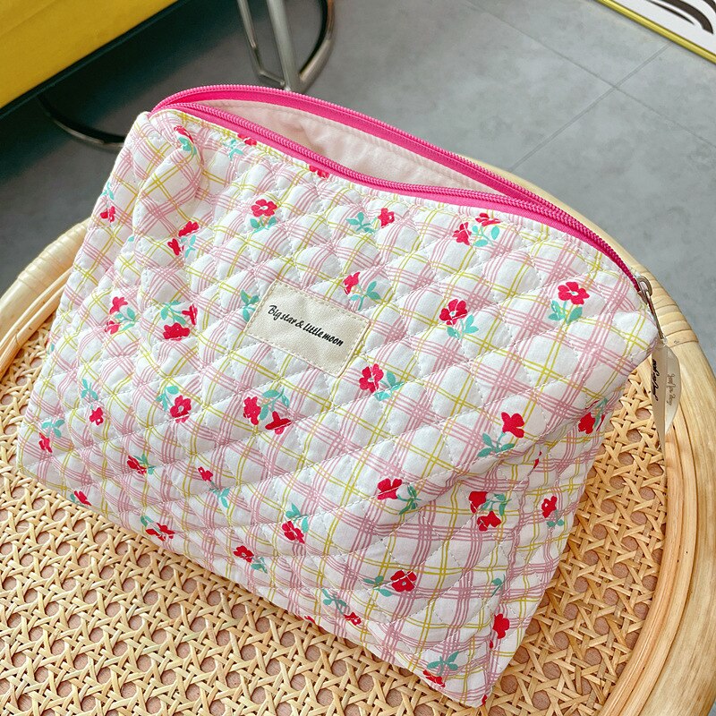 Stepp Gitter Kosmetik Tasche Große machen-hoch Tasche Veranstalter Frauen Kosmetische Lagerung Kulturbeutel Baumwolle Reißverschluss Schönheit fallen Beutel: rot