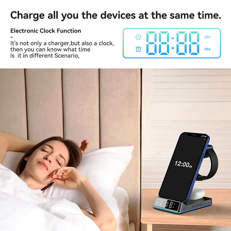5 in 1 30w hopfällbar trådlös laddningsstation rgb-docka led-klocka snabbladdningsstation för iphone samsung galaxy watch 5/4 s22 s21