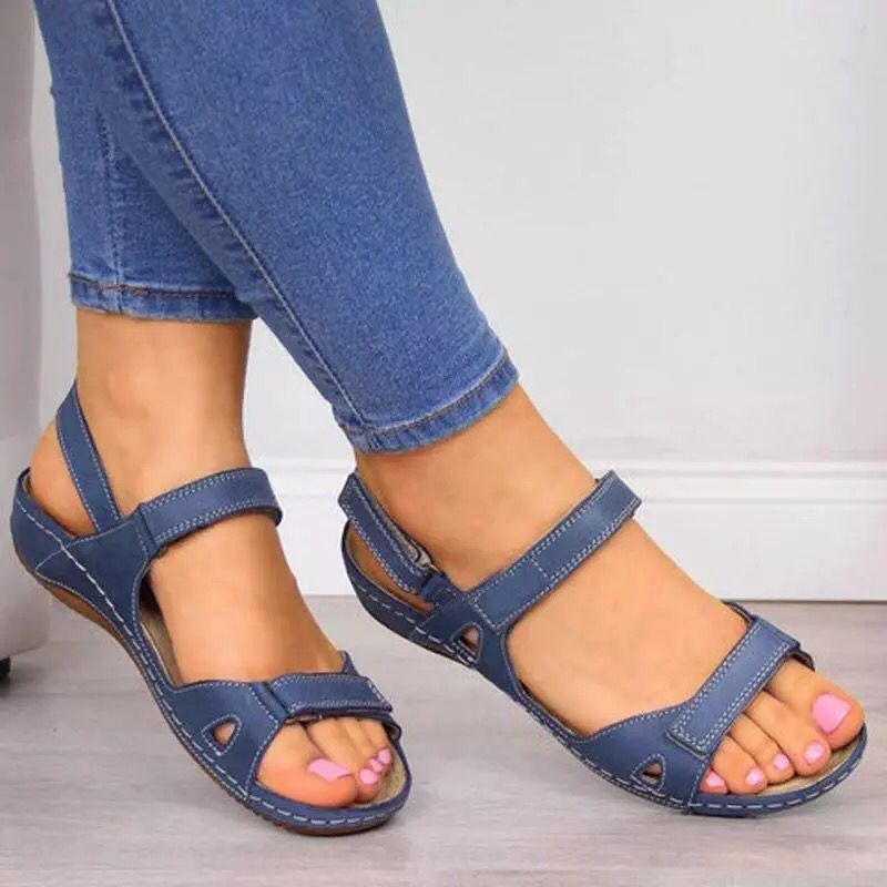 Sandalias ortopédicas para mujer, sandalias de playa con cuña y correa en el tobillo, Sandalias planas cómodas con punta abierta, zapatos planos para caminar para mujer: Azul / 40