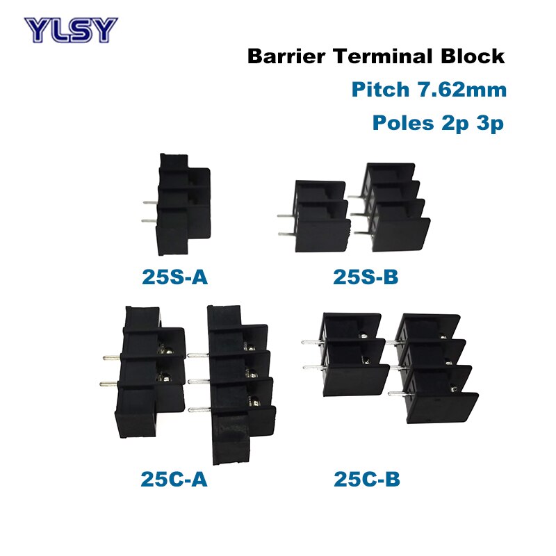 5Pcs Barrier Screw PCB Terminal Block Pitch 7.62mm Morsettiera Straight 2P 3P Wire Connector Bornier Cable 22-14AWG 2.5mm2 15A