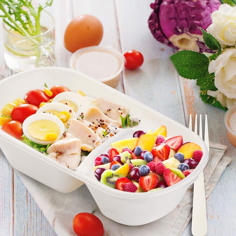 50Pcs Disposable Bento Boxes Sugar Cane Fiber Compostable 2 Compartments Microwave Lunch Boxes Portable Food Storage Containers