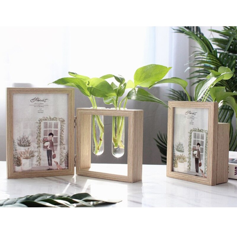 Wood Picture Frame and Plant 2 Vase Combo, Double Sided Display Hinged Desktop Wooden Stand, Glass Planter Terrarium