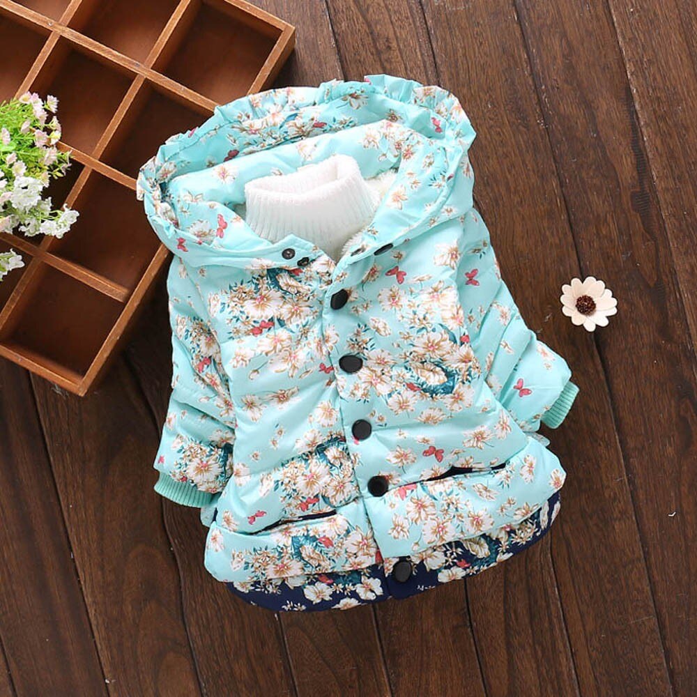 Baby Girl Boy Plus Fur Warm Jacket Toddler Floral Print Winter Warm Jacket Hooded Windproof Coat Baby's Thickened Cotton Padded