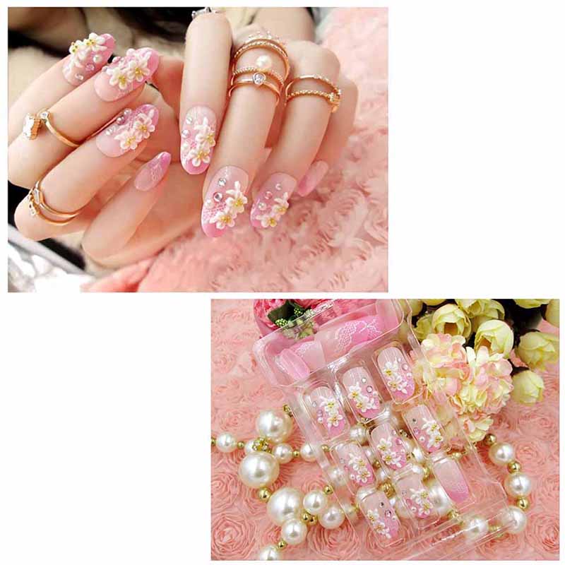 24 pièces rose mariage mariée ongles complets conseils avec colle fleurs brillant 3D diamant strass faux Nail Art Tool: C11