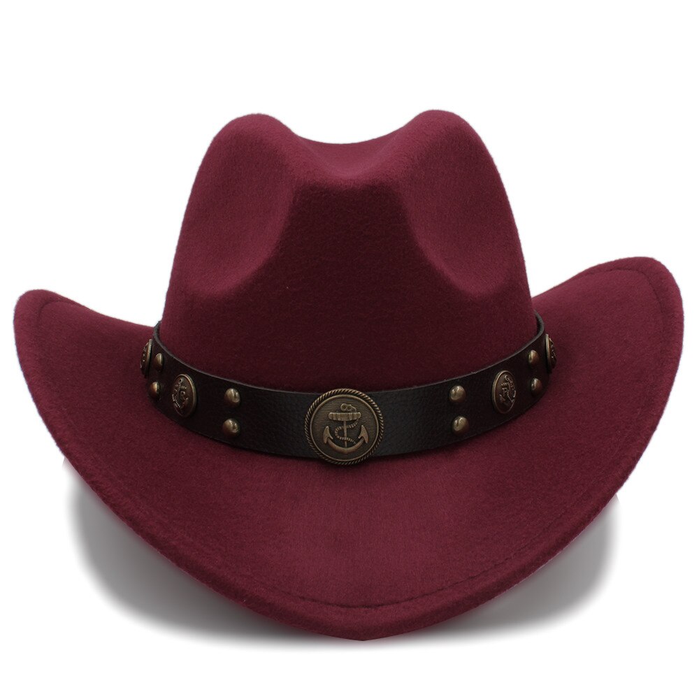 Sombrero de lana para Hombre, Sombrero de Cowboy del Oeste, ala enrollada, caballero, papá, Jazz, ecuestre, Sombrero, Fedora, talla 56-58CM: Wine red