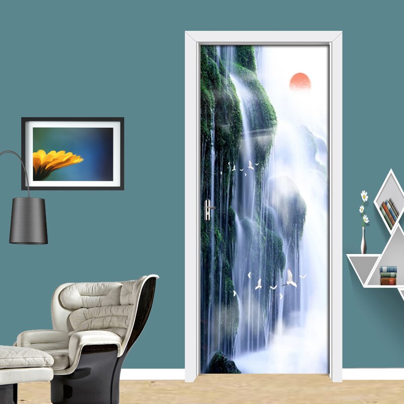 3D Door Sticker Wall Mural Art Chinese Traditional Natural Waterfall Wallpaper Poster Self Adhesive Removable Home Door 3D Decal