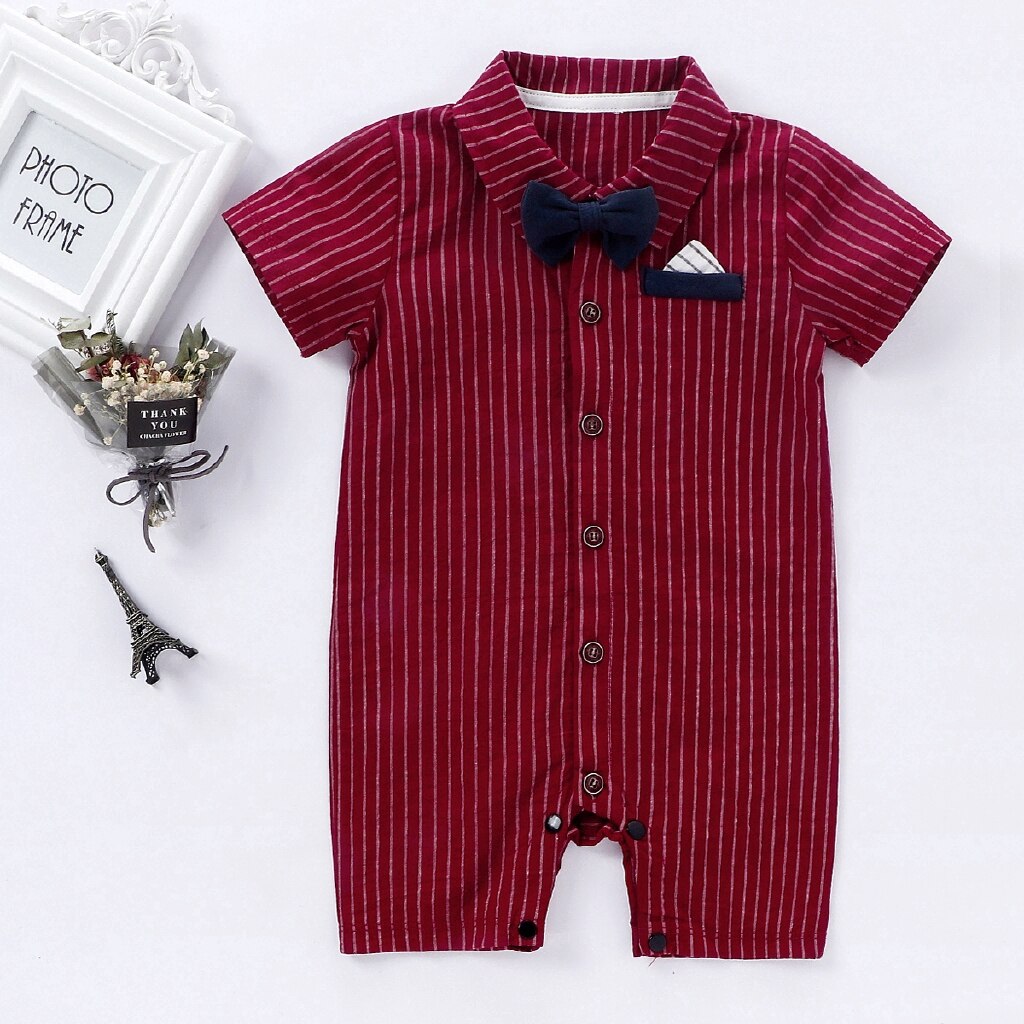 Baby Boy Kleding Pasgeboren Party Bow Tie Romper Gentleman Peuter Streep Katoen Korte Mouwen Jumpsuit Baby Zomer Kleding: wine red / 18m