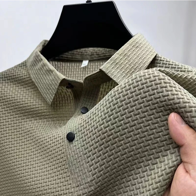 Nueva camisa POLO de Color sólido con flores de hueso de manga corta informal de negocios para hombre, Top versátil cómodo y transpirable a la para verano: M / Caqui