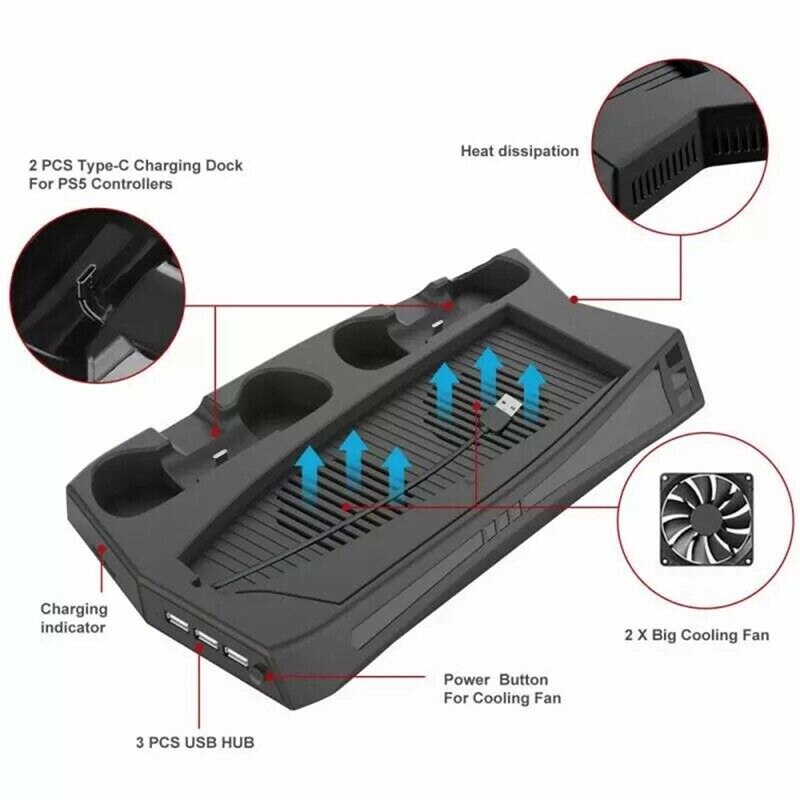 for PS5 Charging Stand with Cooling Fan Dual Controller Charger Console Charging Station Cooler for PS5 DE / Ultra HD