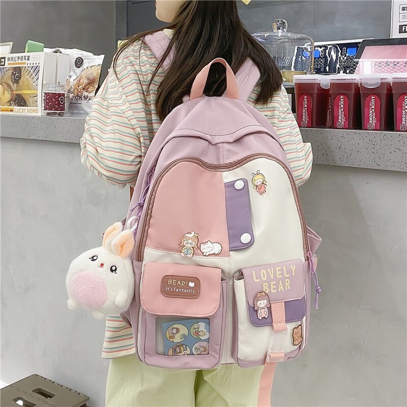 2022 zaino da viaggio per donna di grande capacità zaino da scuola impermeabile multi-tasca femminile zaini per Laptop tascabili trasparenti: Pink / With Pendant