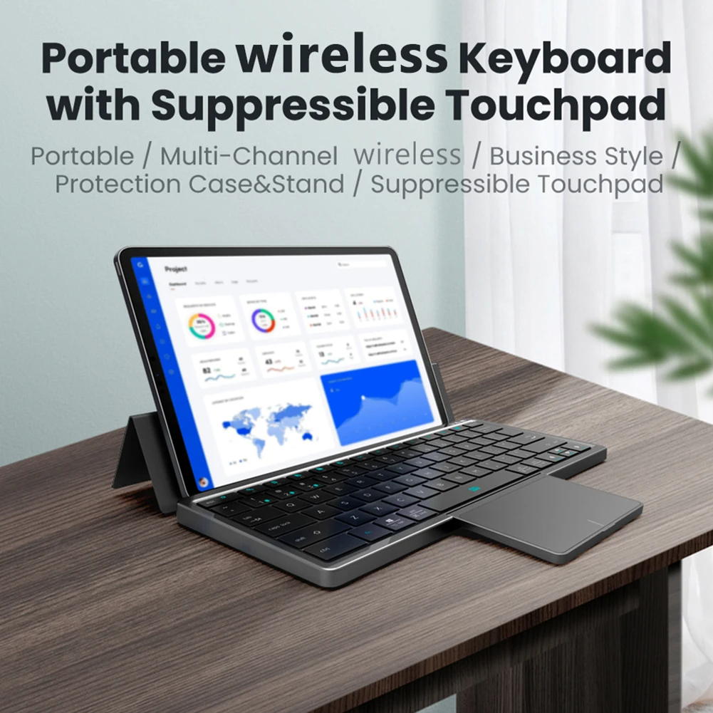 Kf8700 Opvouwbaar Toetsenbord Draadloze Bluetooth Toetsenbord Touchpad Lederen Case Mobiele Telefoon Tablet Multifunctioneel Mini Toetsenbord