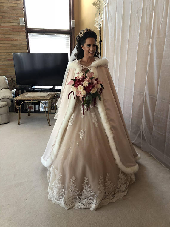 Winter Princess Bridal Cape Champagne Satin with Fur Trim Wedding Cloak Steampunk Handmade: Default Title
