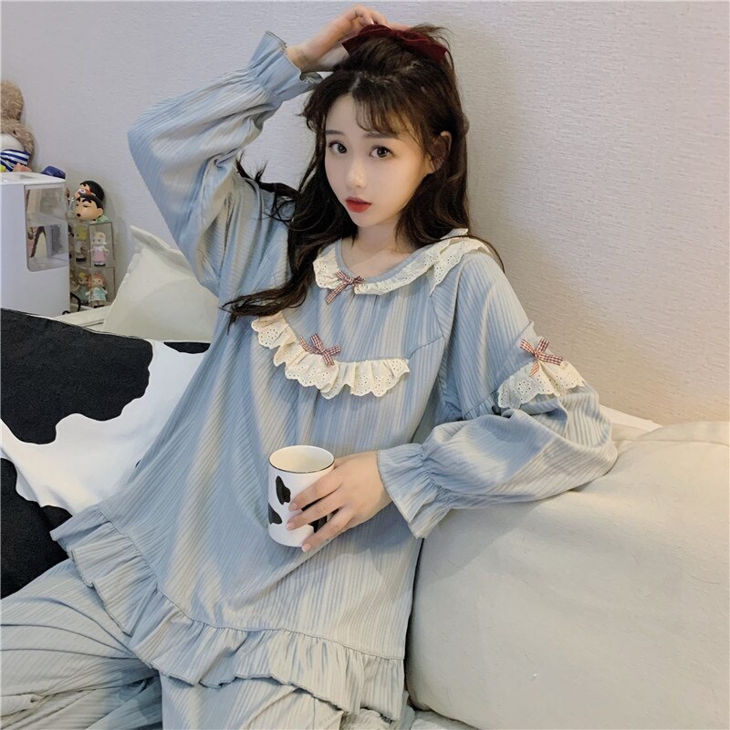 cute pijamas women bow tie pyjamas homewear clothes sleepwear 2 piece set pajamas set lolita princess home suit pants top Y231