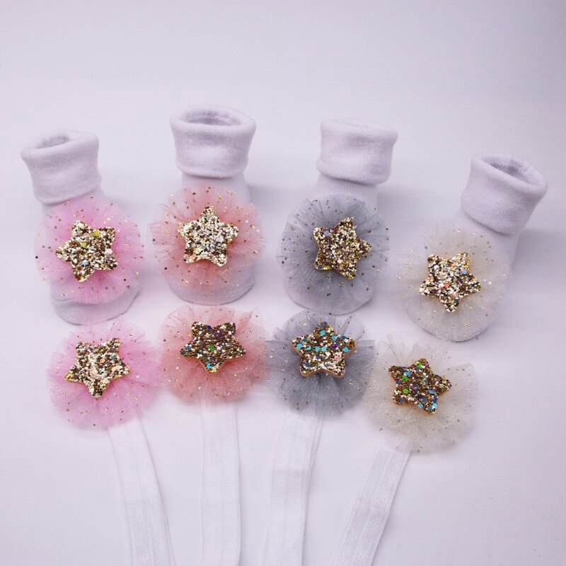 Newborn Baby Socks+1PC Hair Belt Toddler Girls Bow Wave Point Anti-slip Socks1