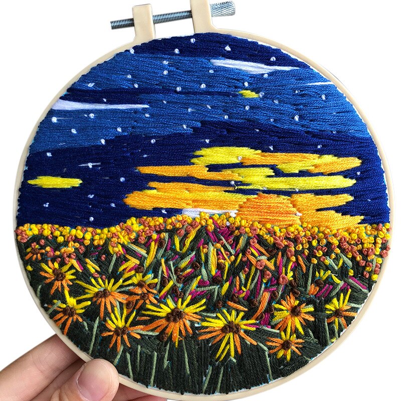 Diy 3d broderi starter kit landskab mønster korssting kit broderiklud med mønster broderiramme sæt  js22: Stjerneklar nat
