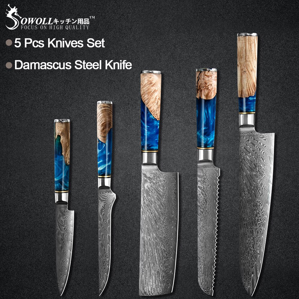 Sowoll 8 stk damaskus stål kokkeknive sæt skarp kniv kniv ægte damaskus knive madlavning køkken gadget værktøjssæt