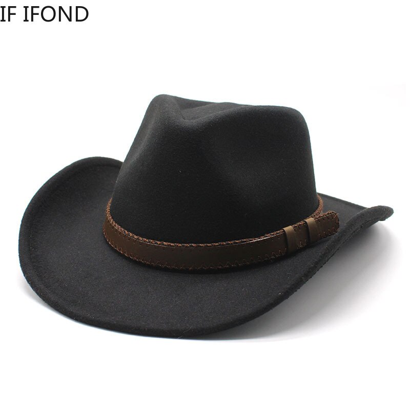 Women's Men's Winter Wool Western Cowboy Hat With Belt Cowgirl Jazz Toca Sombrero Cap Godfather Cap