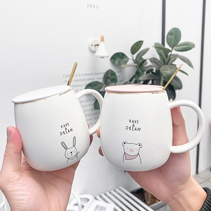 Keramiska koppar tecknad mugg par söta koppar stora tekopp muggar lock kall dryck kopp kompis glas återanvändbar familjemugg