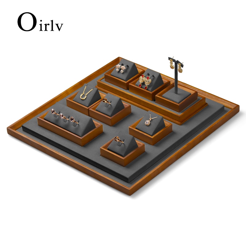 Oirlv, conjunto de soporte para presentación de joyería, anillo de madera, collar, bandeja de exhibición, brazalete, soporte organizador de joyas, estante gris multifunción