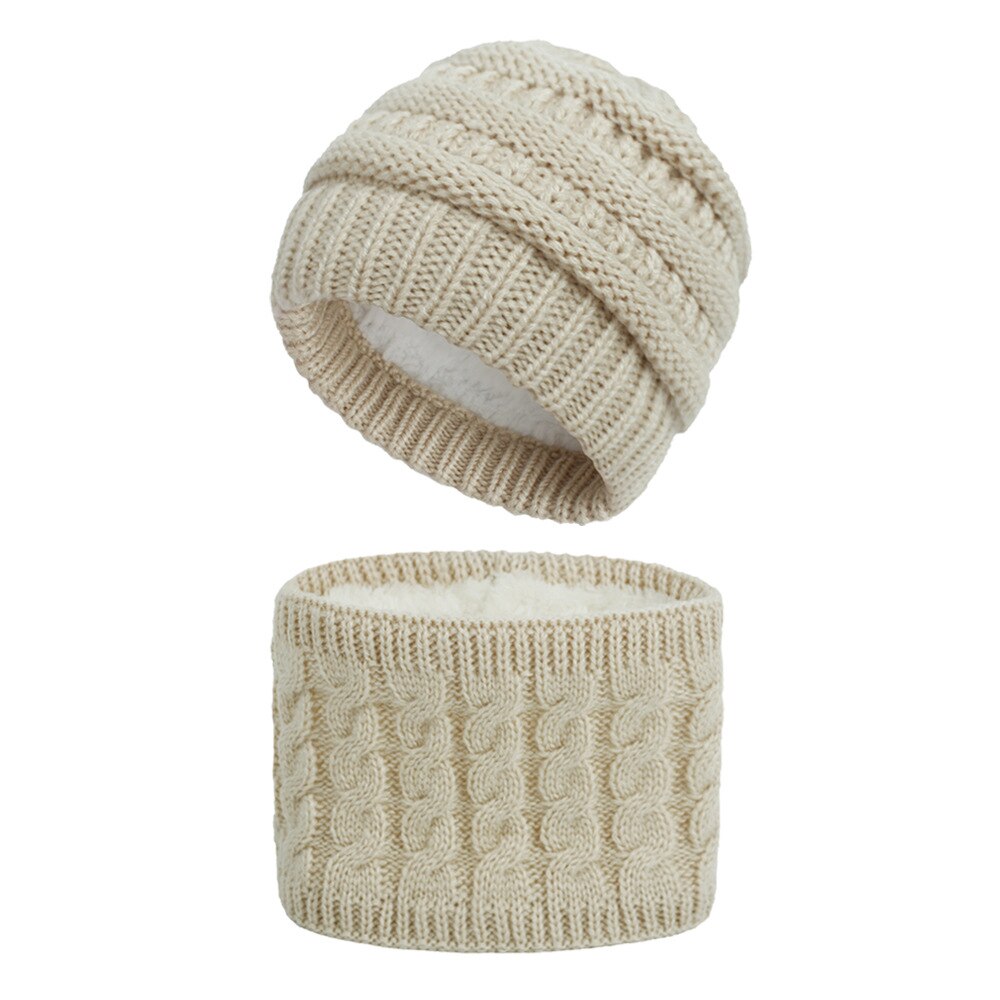 Winter Children's Skullies Hat Scarf Set Thick Knitted Kids Two pieces Fluffy Hats Scarf Sets Solid Warm Cap Girls boys Hats: khaki