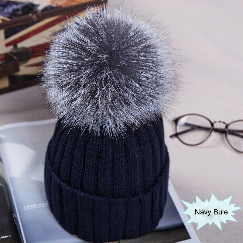 Gorro cálido de invierno para mujer, pompón esponjoso, grande, de piel sintética, negro, azul, blanco y rosa: 7