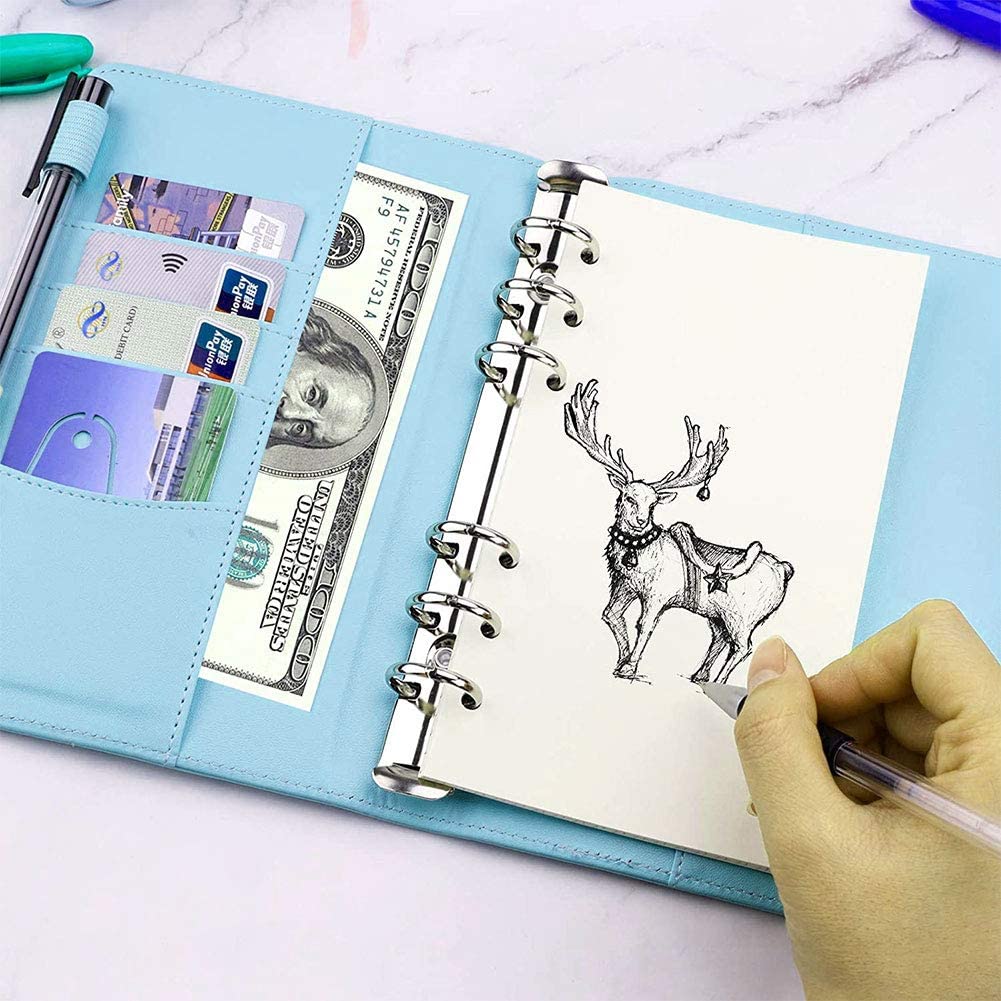 A6 Leather Notebook Binder with Plastic Binder Pockets, Refillable 6 Round Ring A6 Personal Planner Binder Cover with Stickers