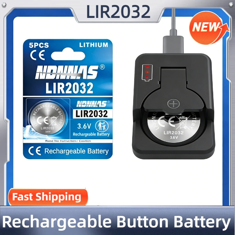 NEUE LIR2032 3,6V Wiederaufladbare Lithium-Knopfbatterie mit Ladegerät, Kompatibel mit CR2032 für Autoschlüssel, Uhren, Fernbedienungen