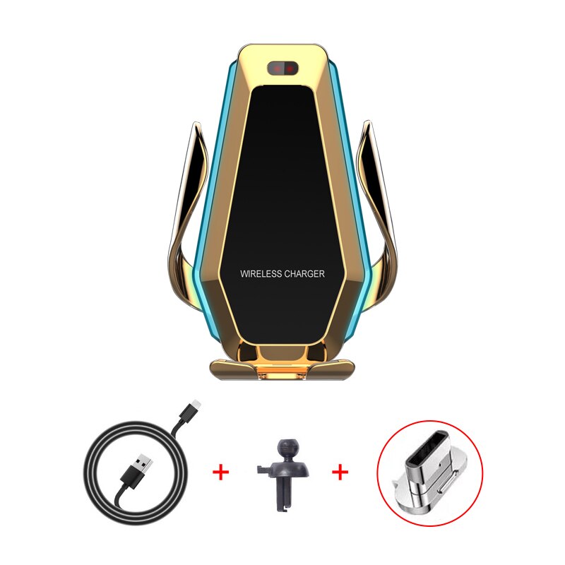 10W Fast Qi Wireless Charger Car Charger Holder for iPhone X 8 XS max 11 pro Infrared Sensor Car Mount for Samsung S10 Xiaomi 9: Gold Type C