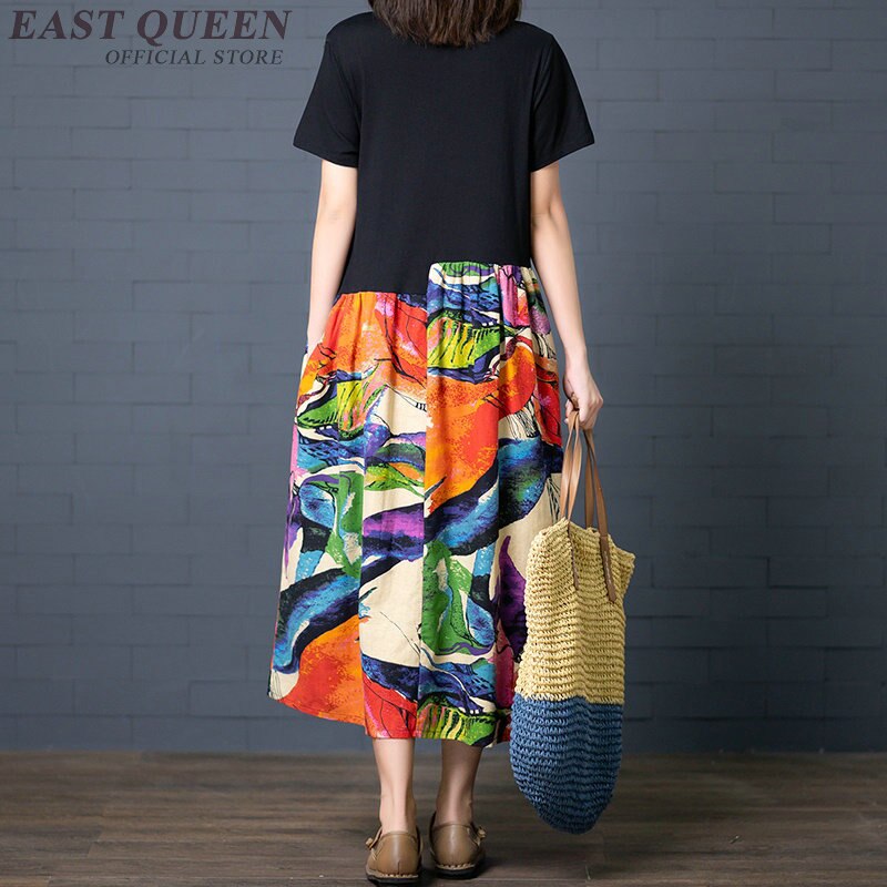 Løse afslappede kjoler til kvinder sommer patchwork bomuld linned retro kjole kinesisk stil lang kjortel vintage femme  ta1761