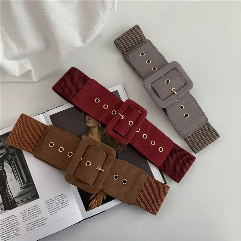 Cinturones de gamuza para mujer, cinturón elástico para ropa de mujer, hebilla de estilo coreano, cinturón ancho elástico que combina con todo, decoración de ropa