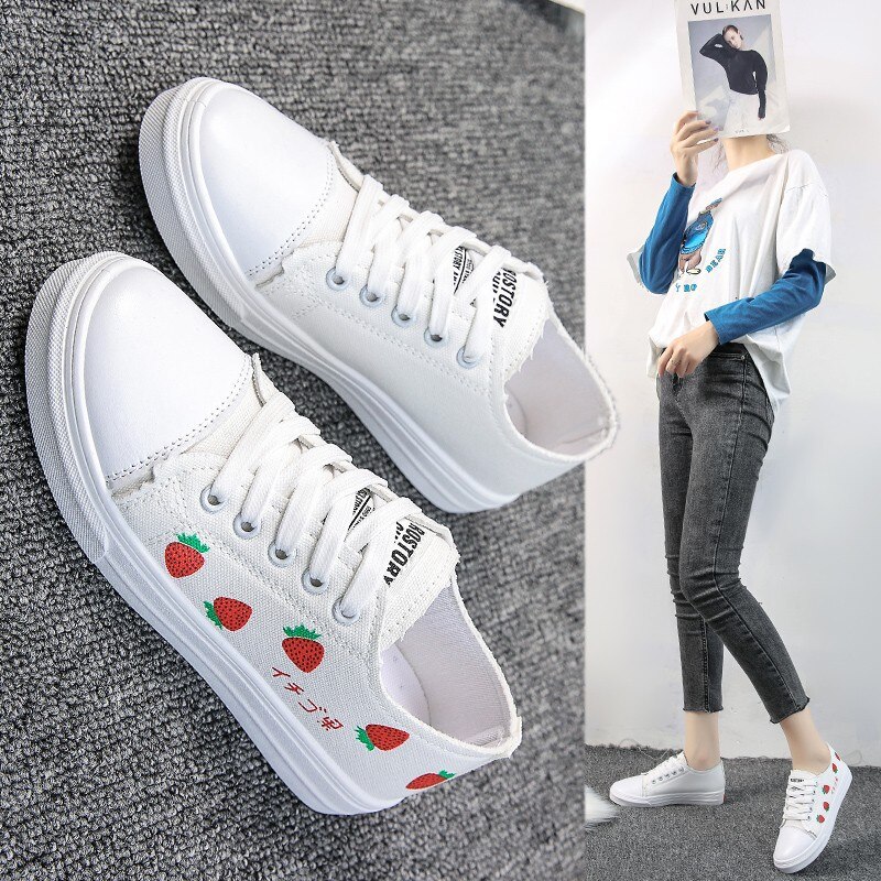 Autumn spring white shoes women flat bottom lace-up rubber strawberry canvas shoes students casual shoes women C593