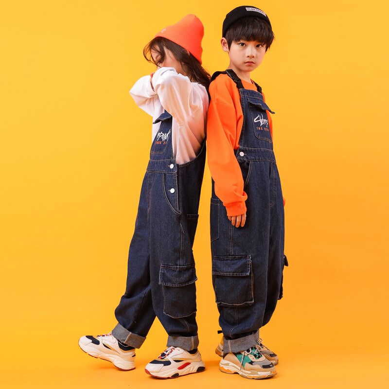 Peto vaquero de Hip Hop para niños y niñas, pantalones Cargo, Mono Grande, ropa holgada, disfraz de para adolescentes