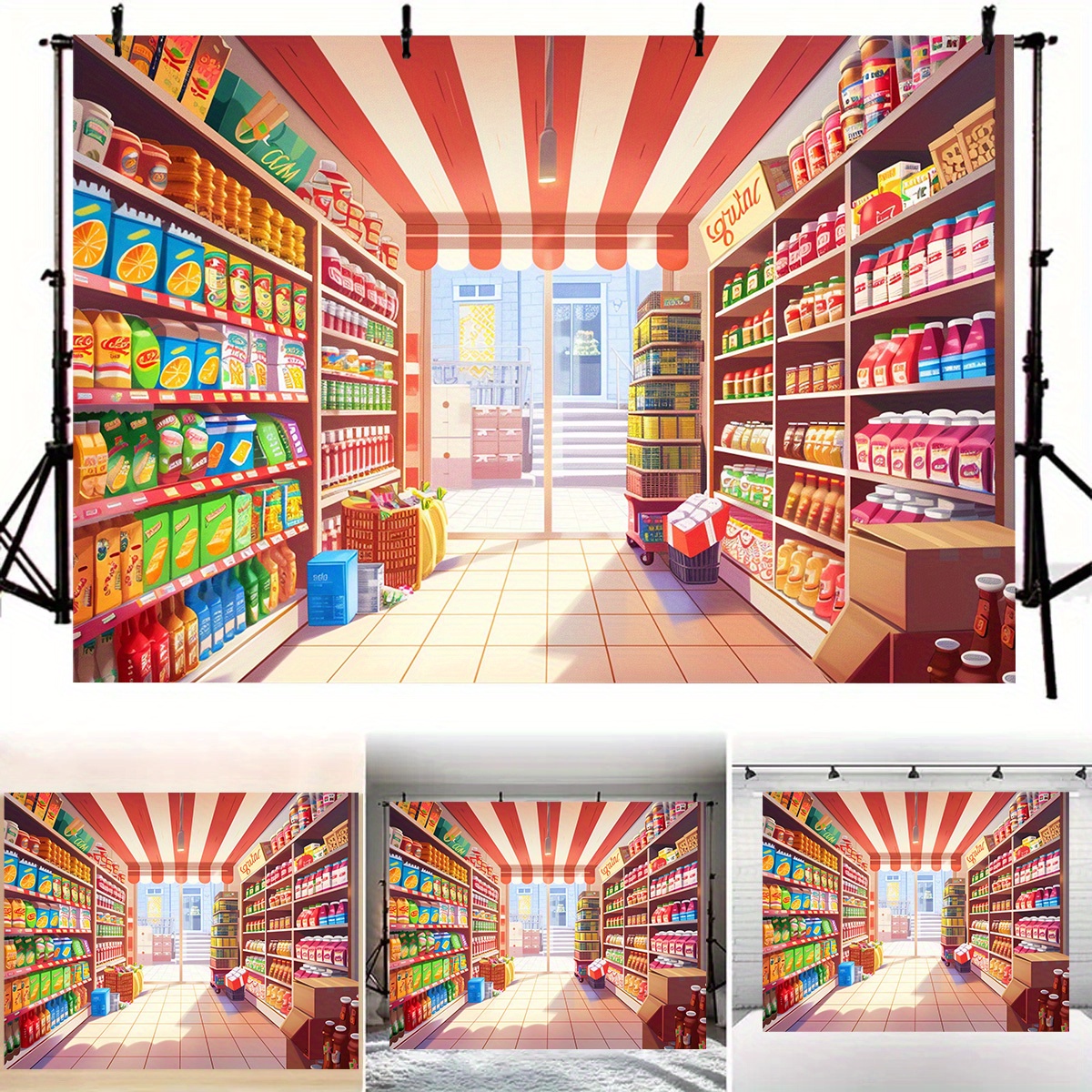 En levende tegneserie-supermarkedbannerbaggrund - en farverig købmandsscene, en rekvisit fra et fotostudie