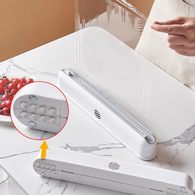 Food Wrap Dispenser Plastic Film Cutter Suction Cup Wall Mounted Kitchen Divider Adjustable Storage Cutter Storage Holder