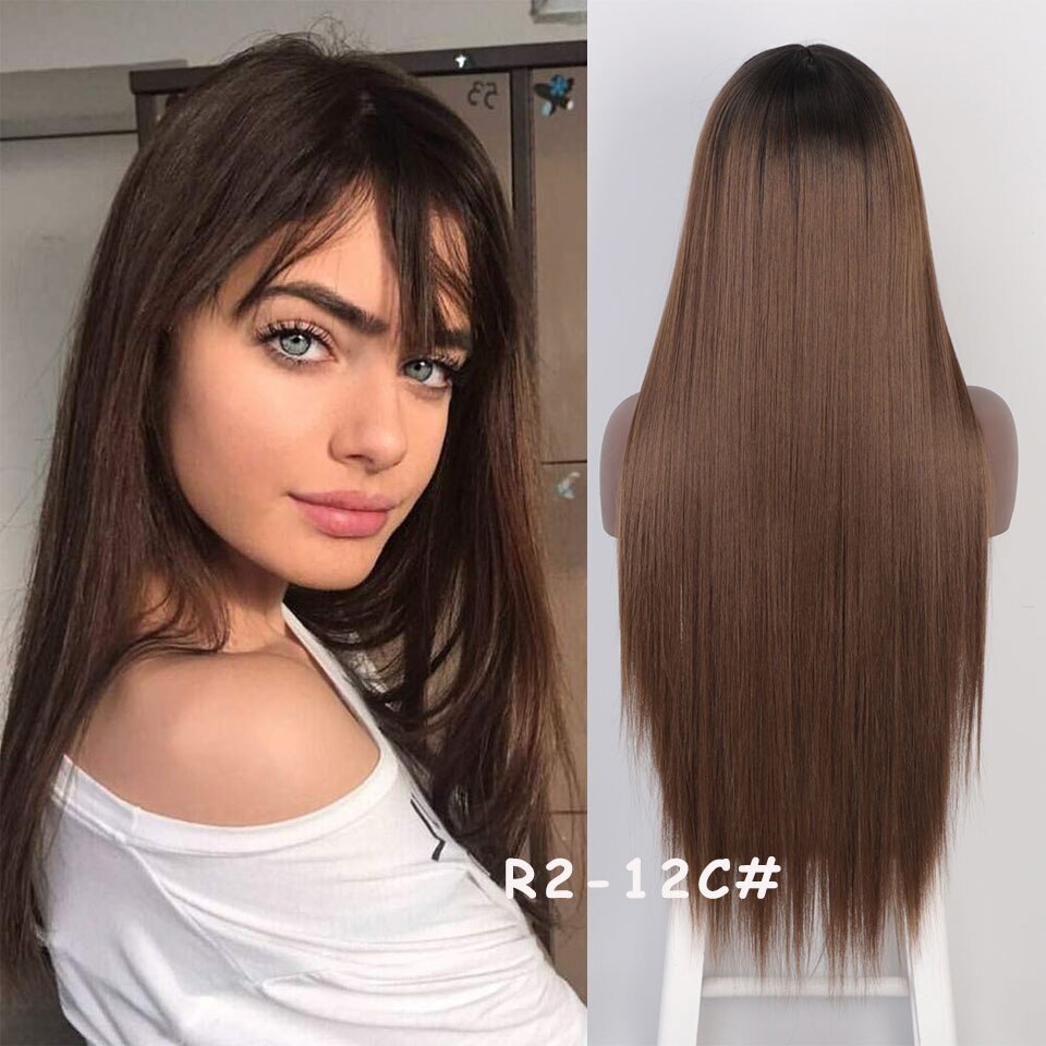 I's a wig peruca longa lisa preta com franja, para mulheres negras, peruca sintética vermelha marrom, moda diária, resistente ao calor, traje de cabelo