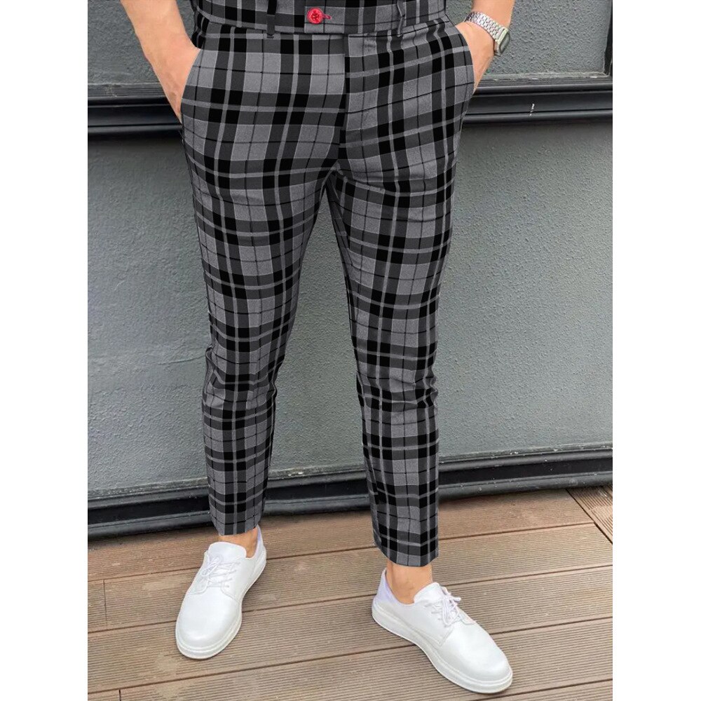 Spring Men Plaid Pants Streetwear Vintage Casual Trousers With Pockets Leisure Clothes Checkered Print Business Wear