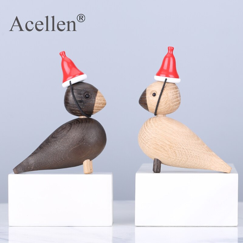 Decoración nórdica figuritas en miniatura de madera animales Lark Bird Songbird ornamentos decoración del hogar juguetes de madera escultura: 1 couple-small hat