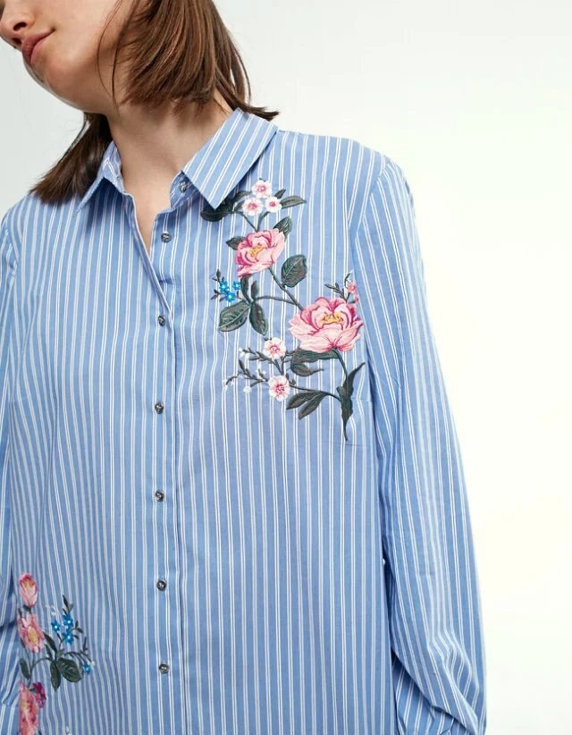 In Boutique Womens Tops Blue Striped Floral Flower Embroidered Blouse Shirt With Ring Neck Trim Detail