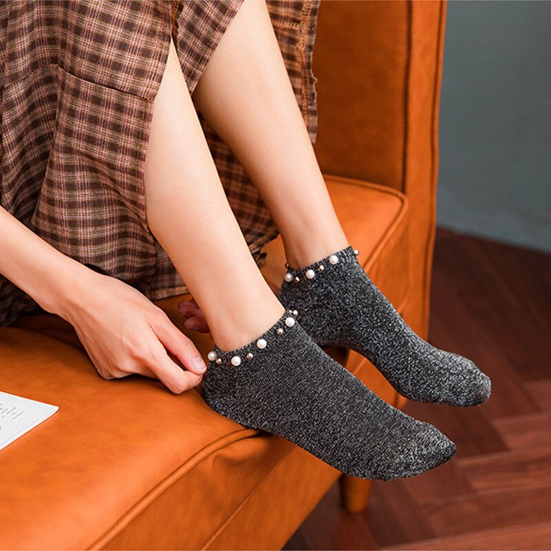 Harajuku enkelsokken zilveren zijden parel damessokken zomer herfst dames katoenen korte sokken