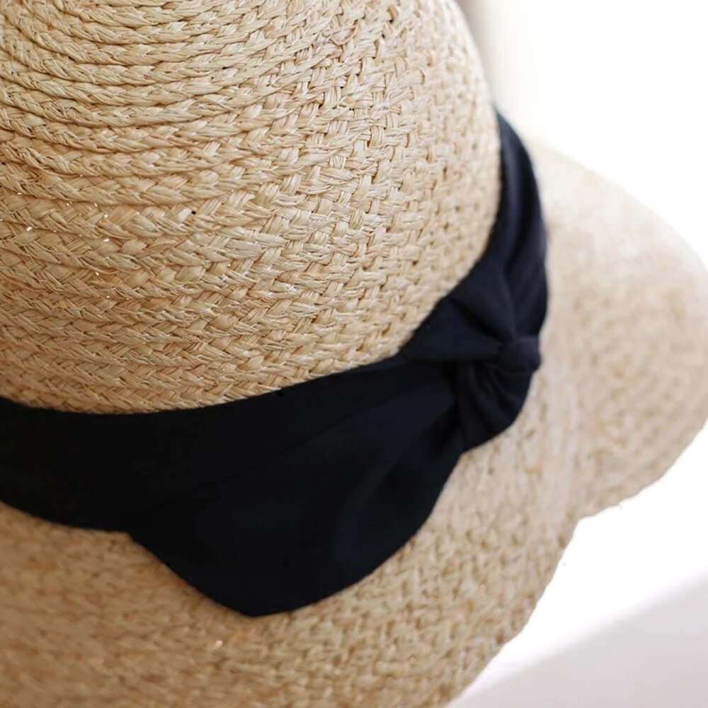 Women Sun hat Ribbon bow Raffia Grass Straw folding wide Brim Bucket Hat For Lady Beach hat Dome Bucket cap