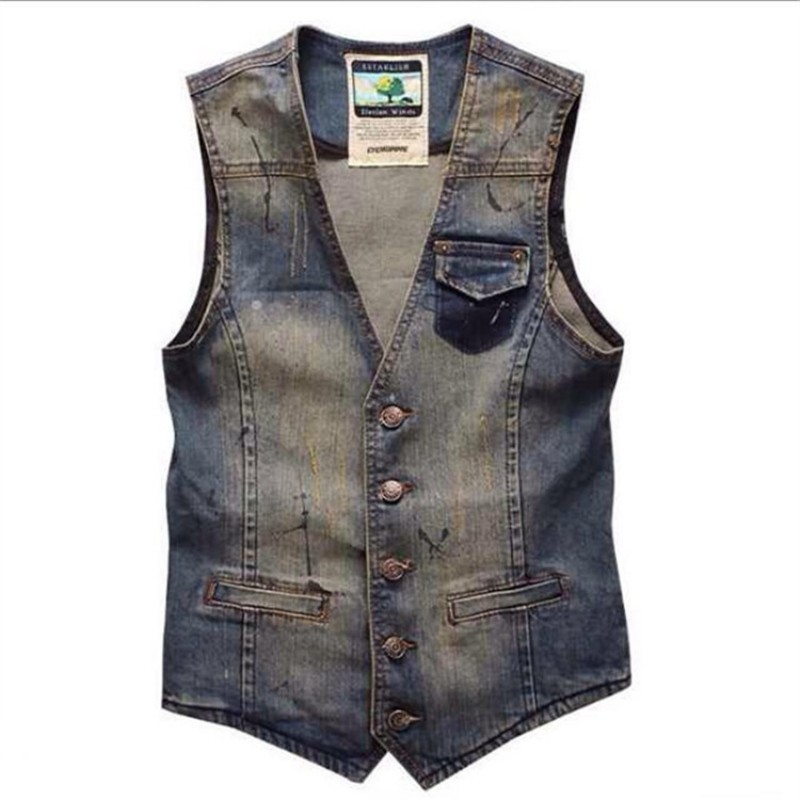 Chaleco casual de mezclilla de talla grande 4XL vaqueros sin mangas ajustados de ajuste ajustado de cuello en V chalecos de motocicleta abrigos de una sola botonadura: XXL