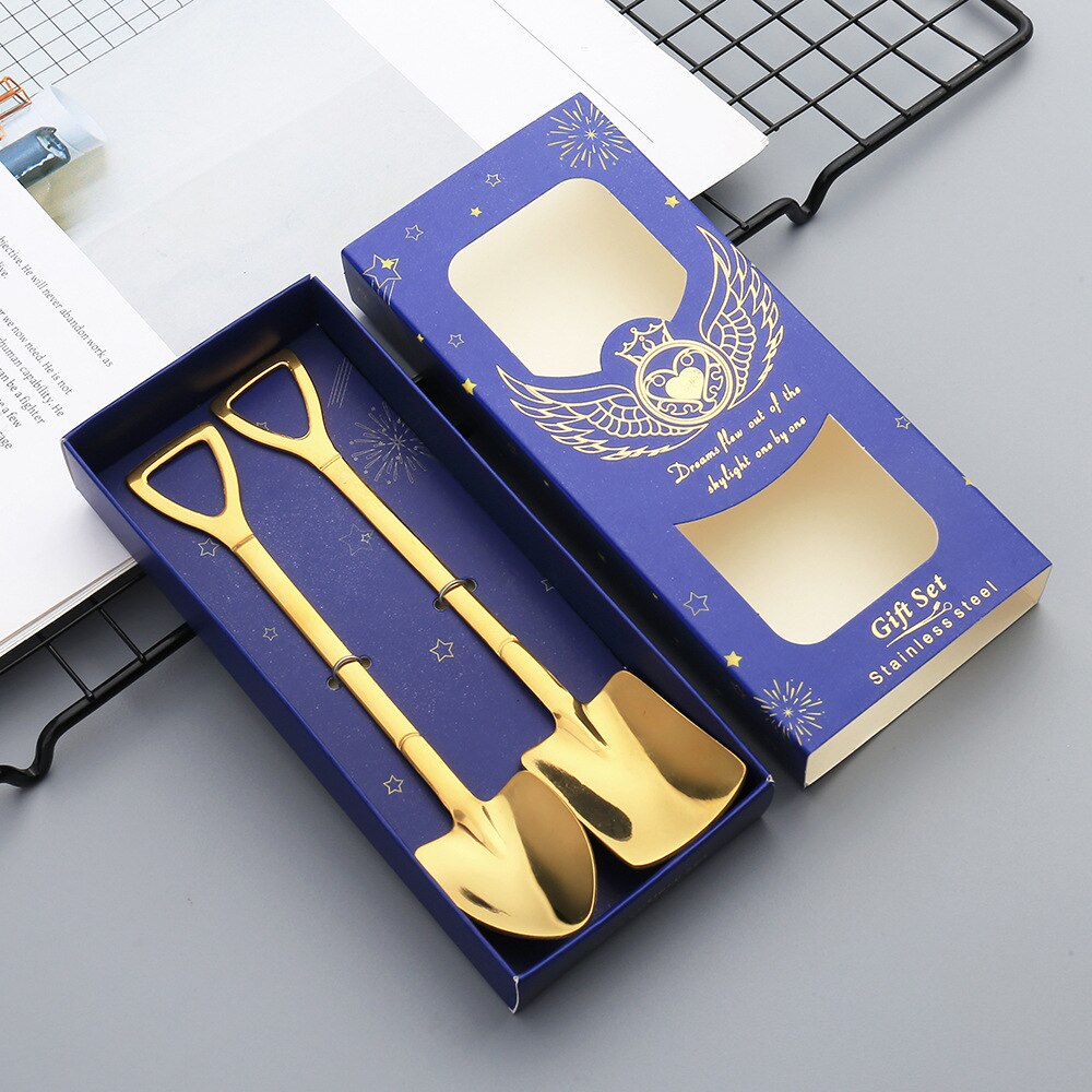 Beautifully packaged coffee spoon tea spoon stirring stainless steel spoon set watermelon dessert ice cream spoon: BLUE-G-2PC