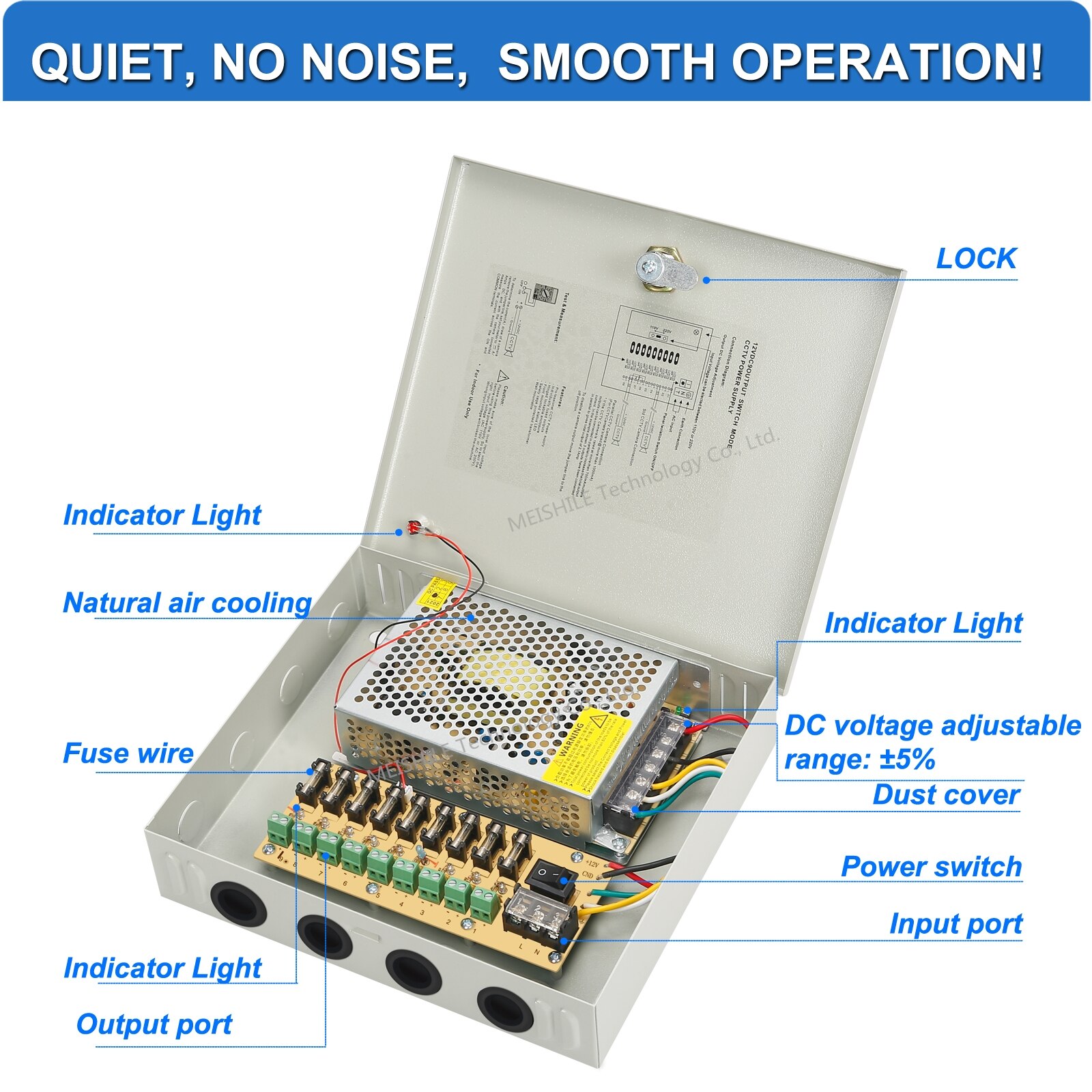 CCTV Power Supply Box, 9-Port Channel DC 12V 10A 120W Power Distribution Metal Fuse AC 110 -240V Surveillance Cameras