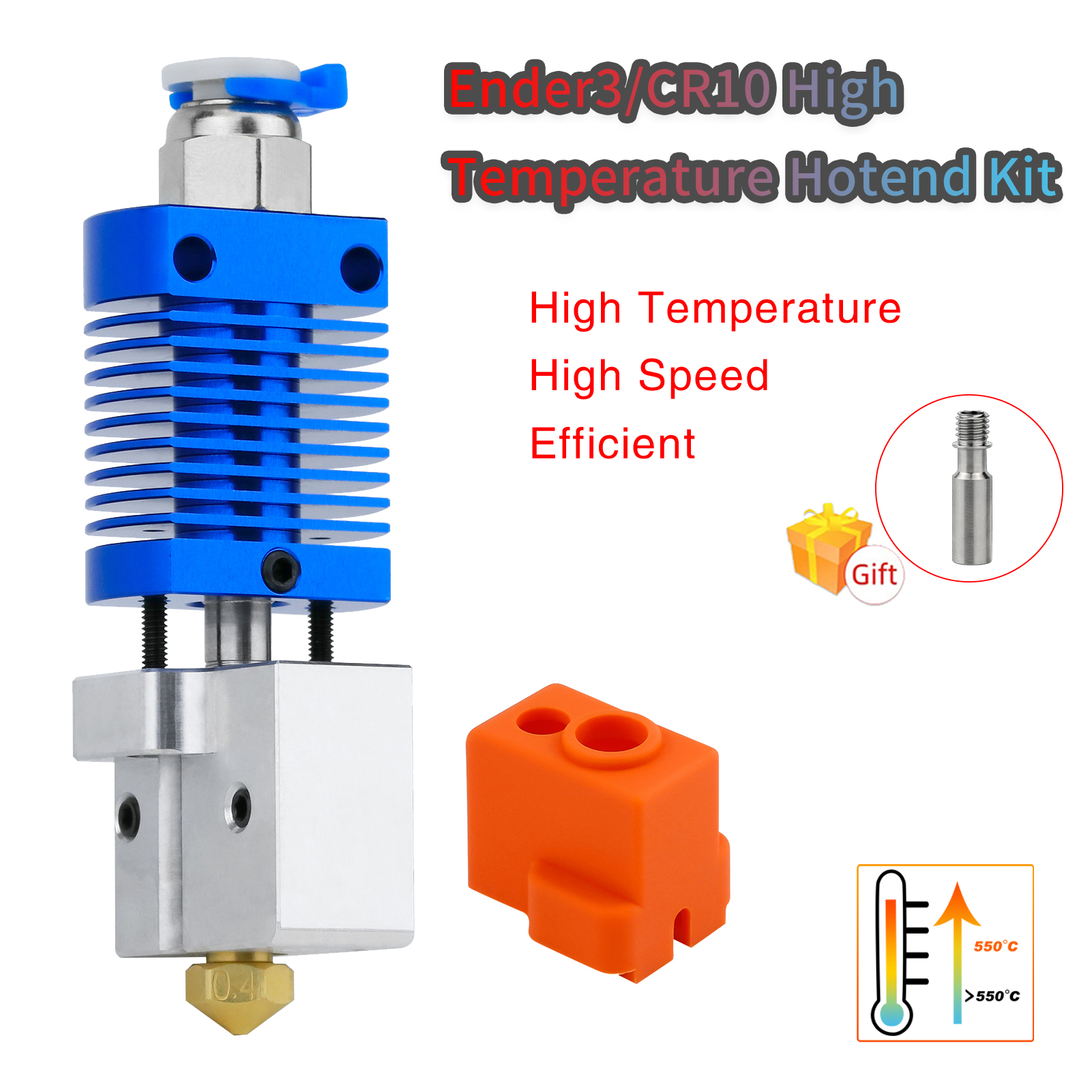 Ender3/Ender 3V2/CR10 Alta Temperatura 550 ℃ Kit Hotend Boquilla de volcán chapada en cobre Bloque calentado Kit Hotend de garganta bimetálica