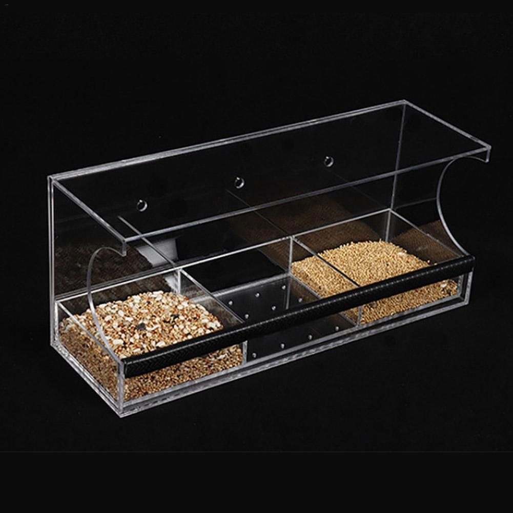 Acrylic Automatic Bird Seed Feeder Transparent Wall Mounted Pet Feeding Device Removable Tray Outdoor Three Grid Food Container