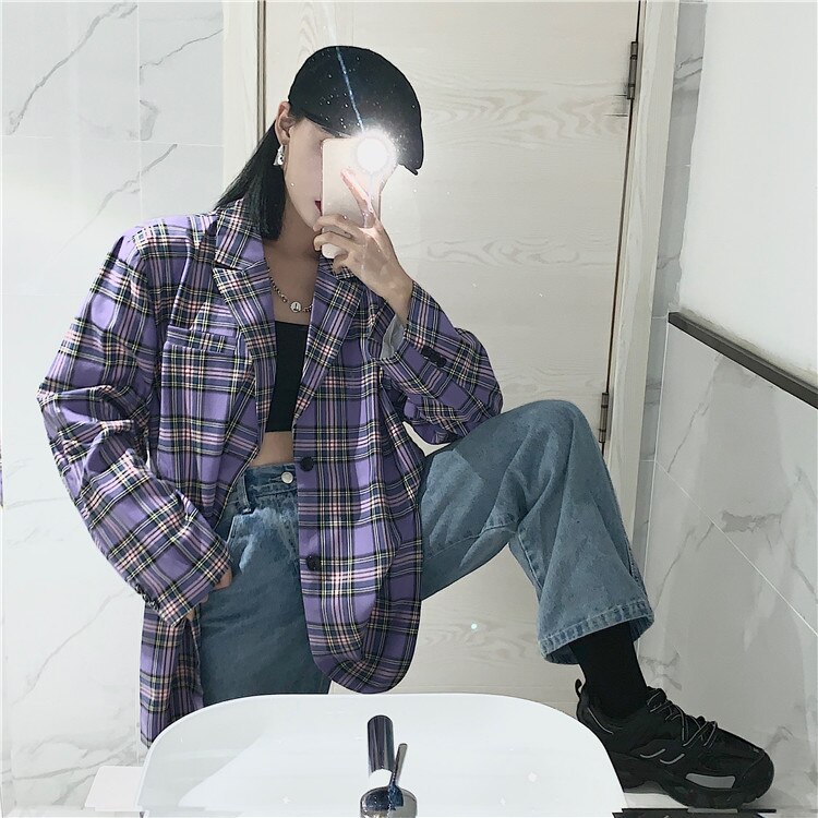 Junelove kvinder efterår lilla blazere jakker vintage plaid kvindelige løse blazere casual street oversize koreansk udtøj