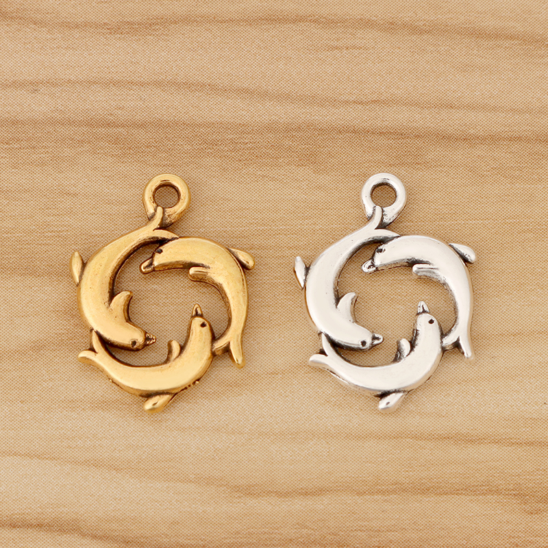 20 Pieces Tibetan Silver/Gold Color Dolphins Triple Dolphin Circle Round Charms Pendants for DIY Jewellery Making 20x16mm